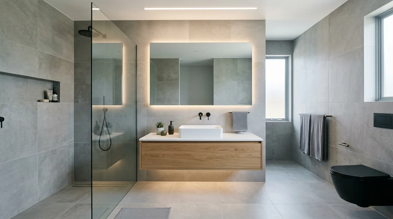 Keep the room quiet with matte porcelain inspiration for a tiled bathroom.